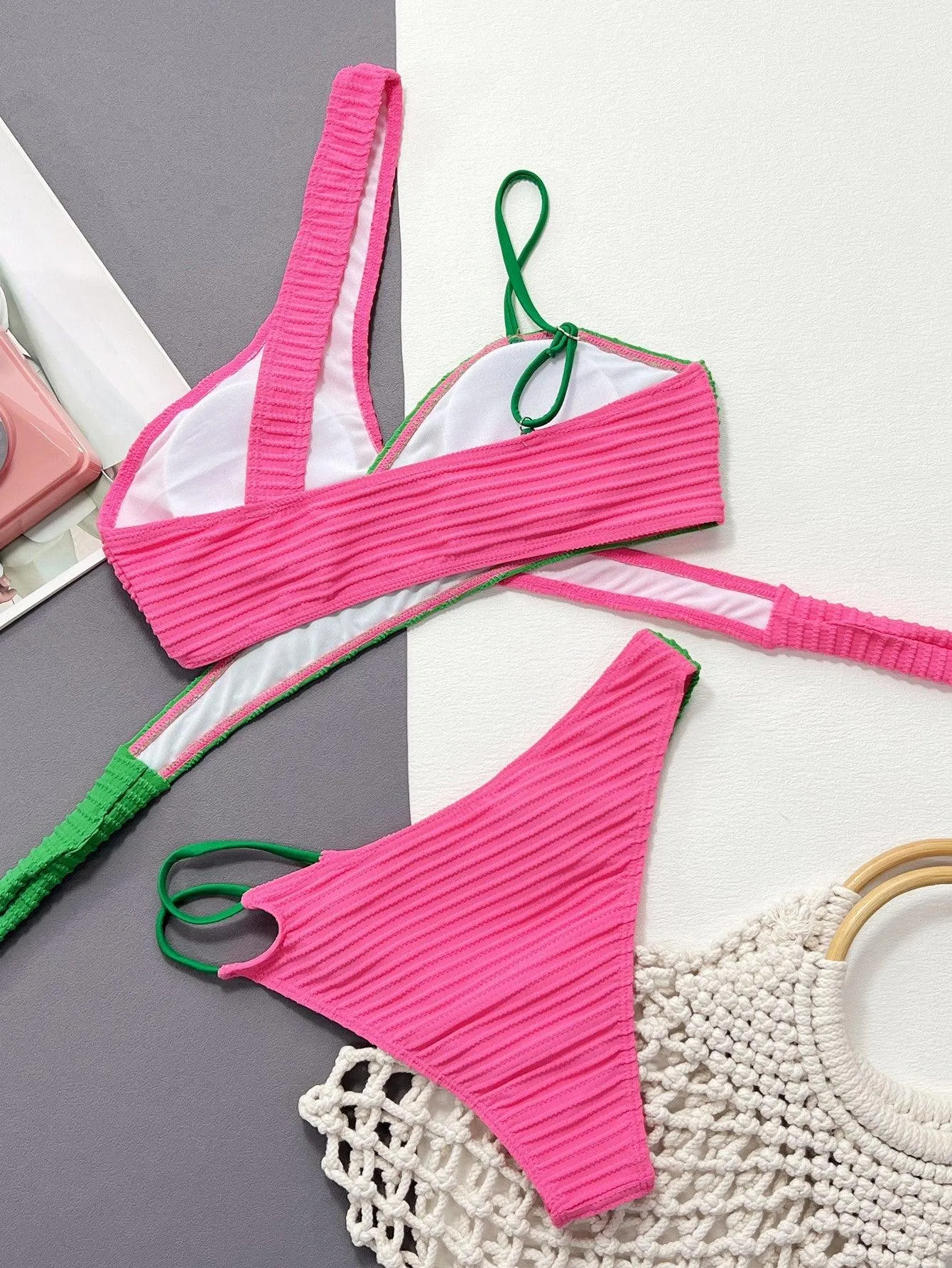 Women's Rose Red-Green Stitching Bikini Set - Designer Swimwear | GFIT