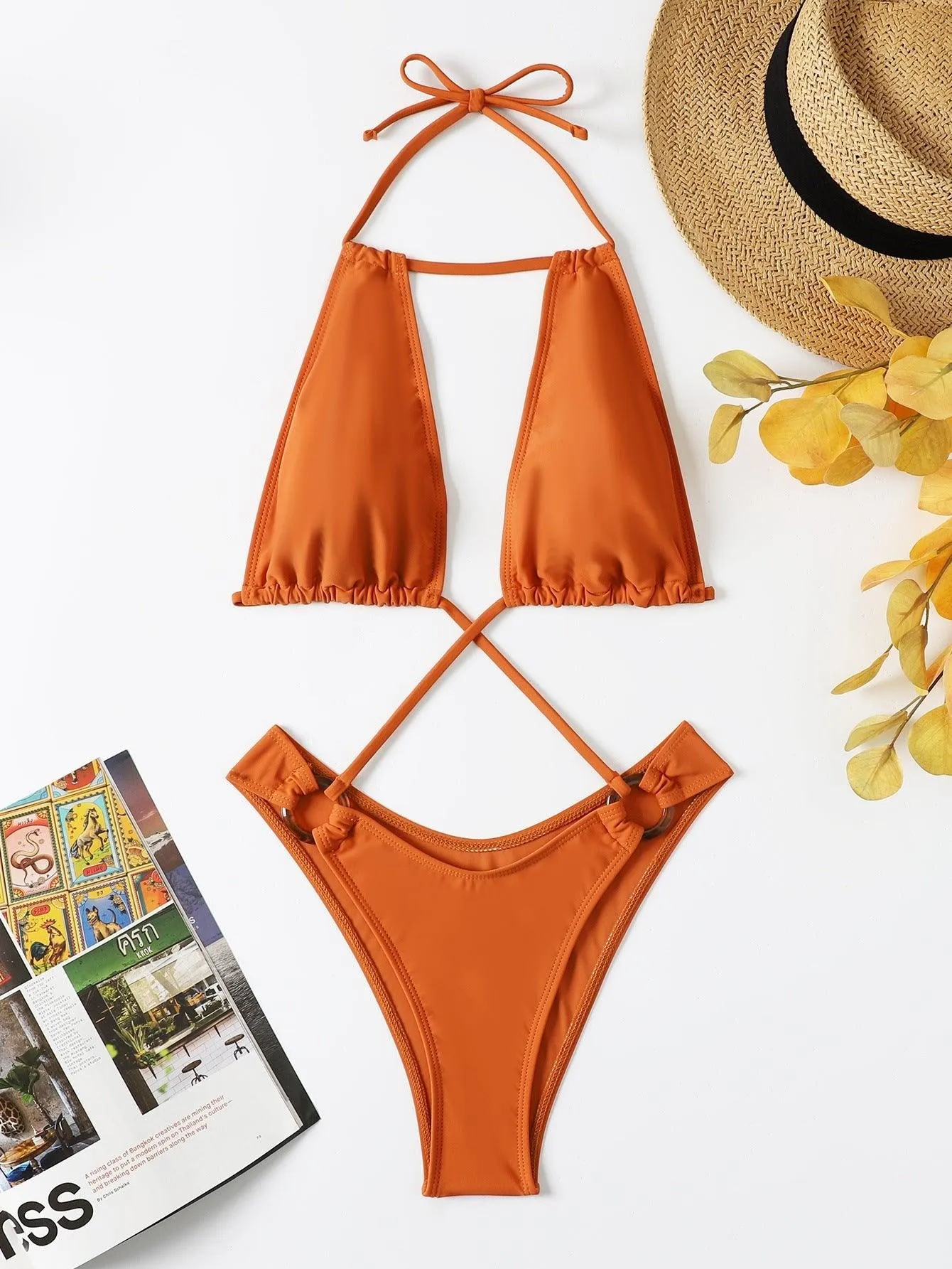 Women's Sexy Cross Halter One-Piece Swimsuit - GFIT, Brown Beachwear
