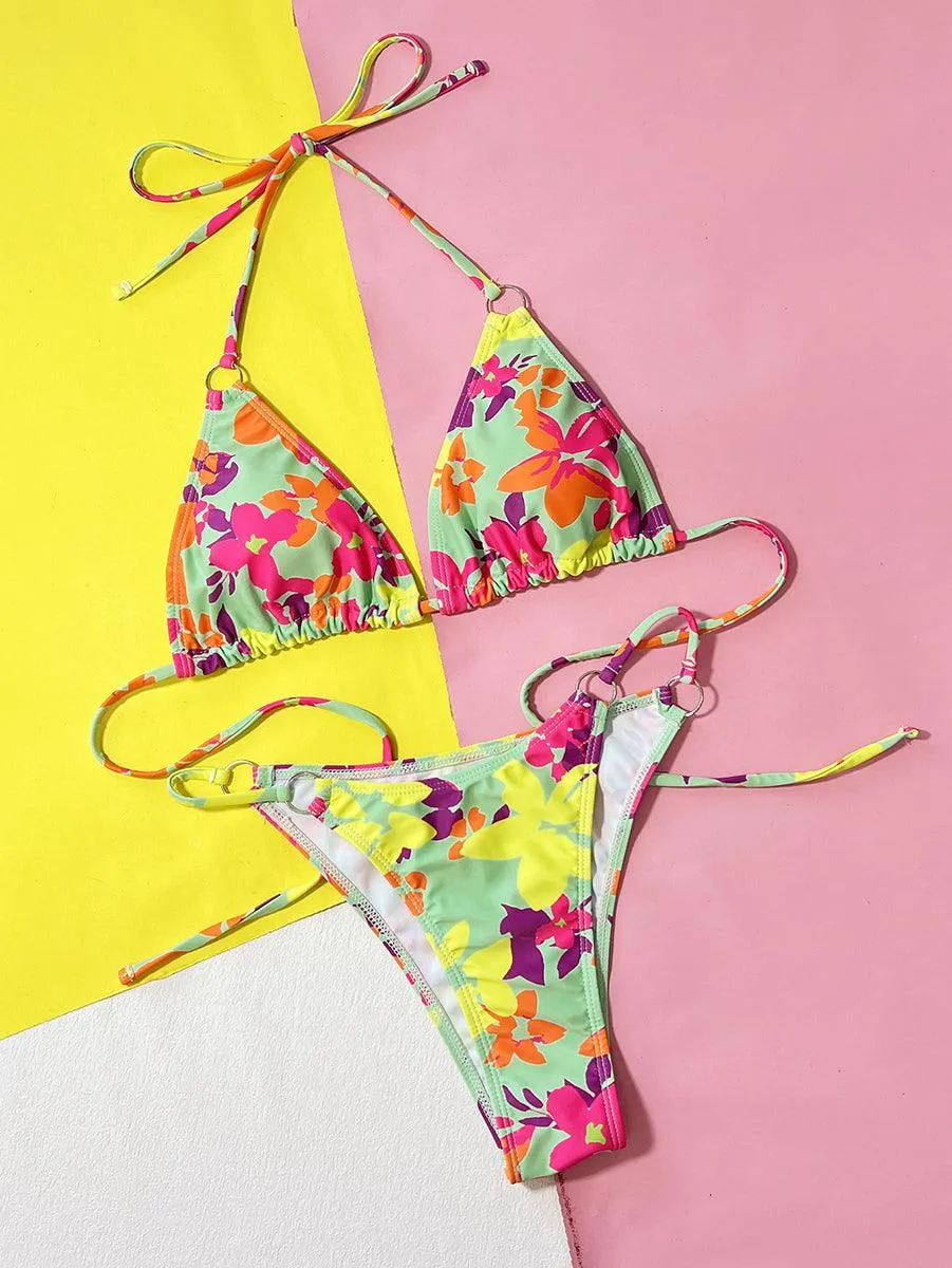 Women's Sexy String Bikini Set - Flowers Two-Piece Bikini