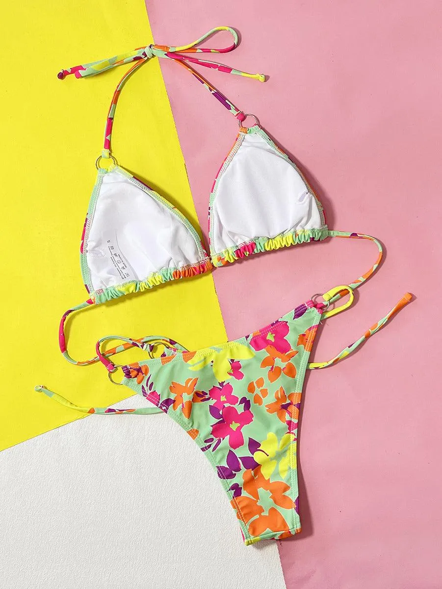 Women's Sexy String Bikini Set - Flowers Two-Piece Bikini