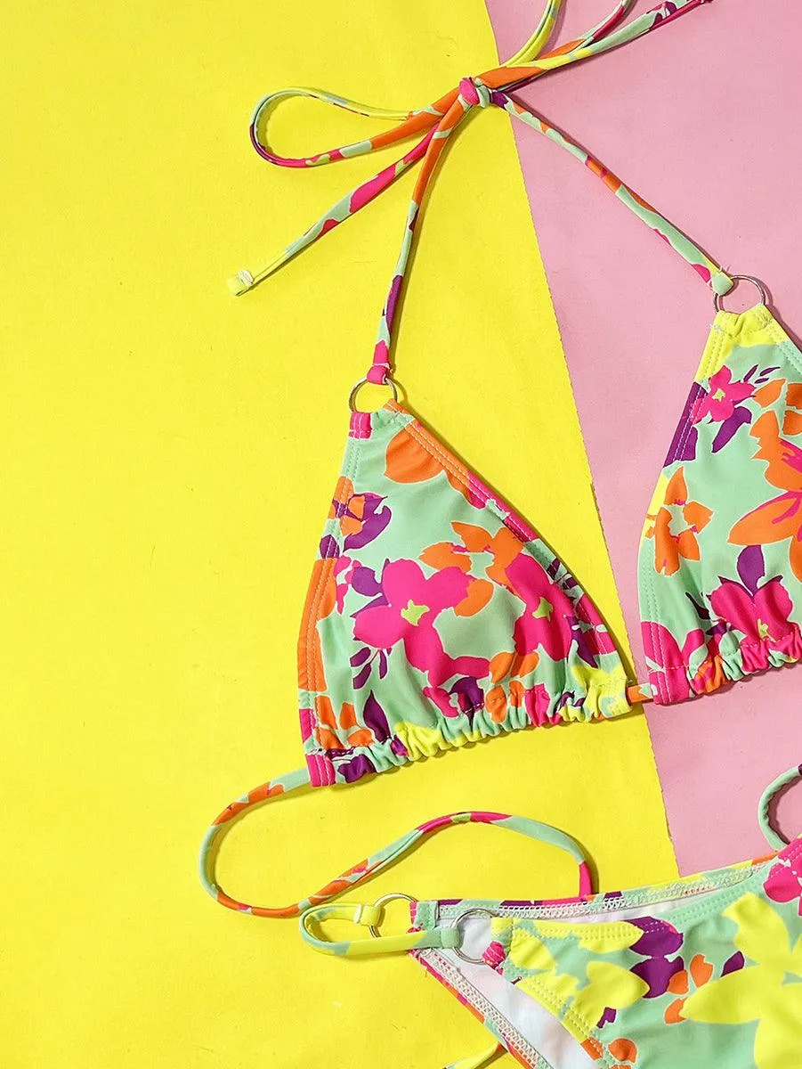 Women's Sexy String Bikini Set - Flowers Two-Piece Bikini